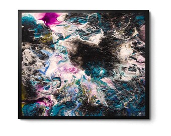 Abstract Celestial 8x10 Art Print Organic Design in Black & Blue Acrylic Pour Fluid Art Cosmic Galaxy Colorful Wall Decor-Messy Beautiful 01