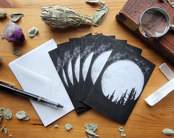 Full Moon Greeting Cards-Set of 5, Witchy Stationary, Letter Writing, Black and White, Celestial, Artsy Greeting Cards, Moon Silhouette