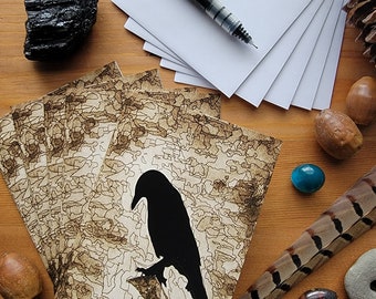 Sepia Raven Greeting Cards-Set of 5, Witchy Stationary, Letter Writing, Bird art, Moody, Artsy Greeting Cards, Gothic, Black Bird
