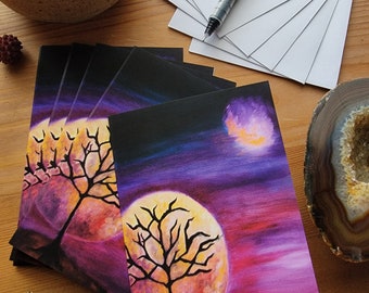 Moon and Planet-Greeting Cards-Set of 5, Witchy Stationary, Letter Writing, Purple, Gold, Celestial, Artsy Greeting Cards, Tree, Planetary