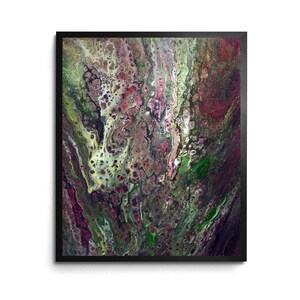 May include: Abstract painting with swirling patterns in shades of green, purple, and black. The painting has a textured, almost organic look.