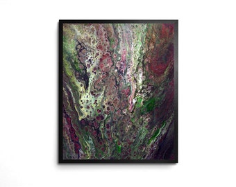 Abstract Earthy 8x10 Art Print Moody Organic Design in Green & Pink Acrylic Pour Fluid Art Wall Decor -Dreaming in the Moss Bed