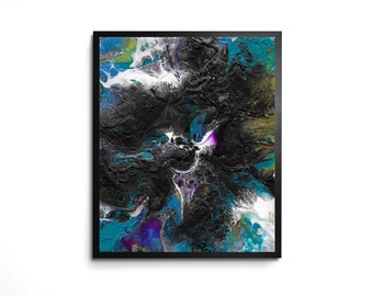 Abstract Celestial 8x10 Art Print Organic Design in Black & Blue Acrylic Pour Fluid Art Cosmic Galaxy Colorful Wall Decor-Messy Beautiful 03