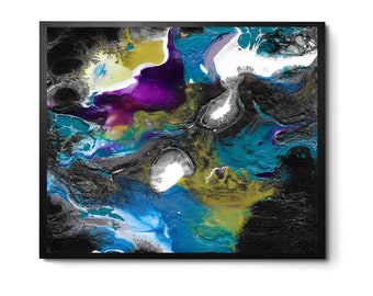 Abstract Celestial 8x10 Art Print Organic Design in Black & Blue Acrylic Pour Fluid Art Cosmic Galaxy Colorful Wall Decor-Messy Beautiful 02
