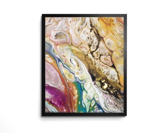 Abstract Spring Joyful 8x10 Art Print Organic Design in Gold & Pink Acrylic Pour Fluid Art Honey Garden Colorful Wall Decor -Bee and Flower