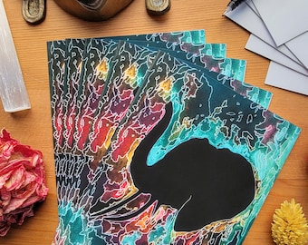 Elephant Psychedelic Greeting Cards-Set of 5, Animal Stationary, Letter Writing, Funky art, Moody, Artsy Greeting Cards, Bohemian, Colorful