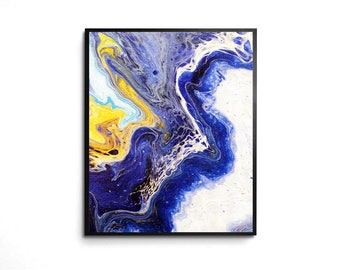 Abstract 8x10 Water Ocean Sea Art Print Organic Design in Blue & White Acrylic Pour Fluid Art Marine Wall Decor -Pacific Gold