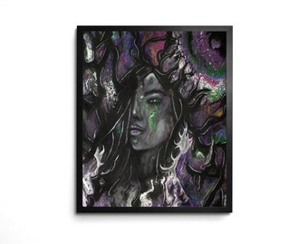 Witchy 8x10 Art Print Dark Goddess Art in Black & Purple Acrylic Pour Fluid Art Wall Decor Powerful Women-Come Wash Away the Rain