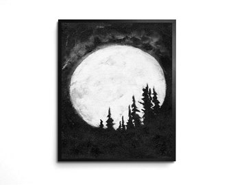 Full Moon and Trees  8x10 Art Print in Black & White Acrylic Art  Dark Witchy Wall Decor Bohemian Night Art Celestial Nature Home Decor