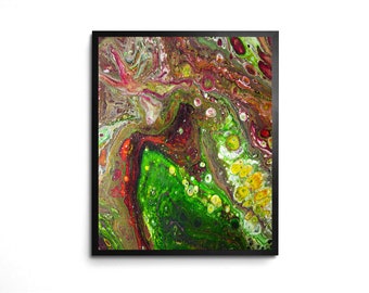 Abstract Earthy 8x10 Art Print Organic Design in Green & Red Acrylic Pour Fluid Art Wall Decor Funky Art Colorful Joyful -Skydog