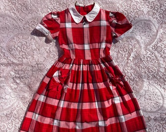 Vintage 1950s Plaid Cotton Dress Girls 10