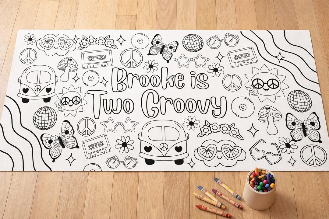 Two Groovy Coloring Page Poster – Hippie Birthday Party Coloring Poster ...