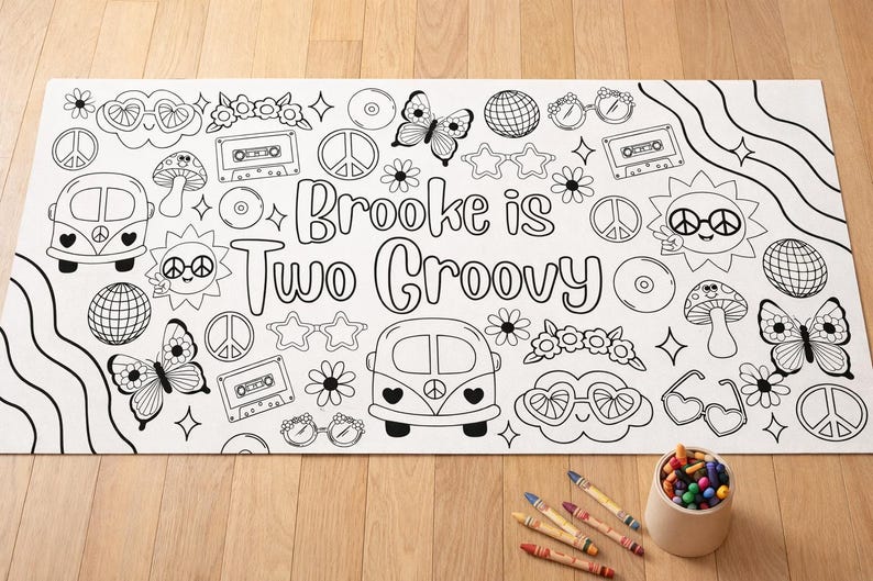 Two Groovy Coloring Page Poster – Hippie Birthday Party Coloring Poster ...