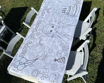 May include: White plastic table and chairs with a white paper tablecloth featuring a black and white illustration of a girl, a birthday cake, balloons, and the words "Happy Birthday Everyday".