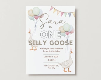 One Silly Goose Birthday Invitation - First Birthday Invitation Template - Editable Digital Download - Cute & Playful Custom Invitation