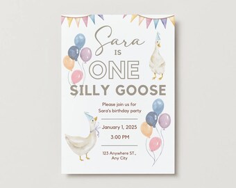 One Silly Goose Birthday Invitation - First Birthday Invitation Template - Editable Digital Download - Cute & Playful Custom Invitation