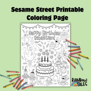 May include: A black and white Sesame Street printable coloring page with the text "Sesame Street Printable Coloring Page" and "Happy Birthday Sebastian!" featuring Big Bird, Elmo, and other characters. Crayons are scattered around the page.