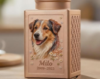Personalized Dog Memorial Metal Urn, Custom 3D Pet Portrait Ashes Urn, Cat Photo Cremation Keepsake, Pet Loss Sympathy Gift