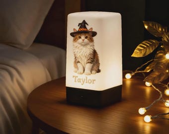 Anpassad sänglampa för katt, personlig nattlampa med foto och namn för husdjur, USB-laddningsbar LED-lampa med 7 färger, present till förlust av husdjur, Halloween-temadekoration