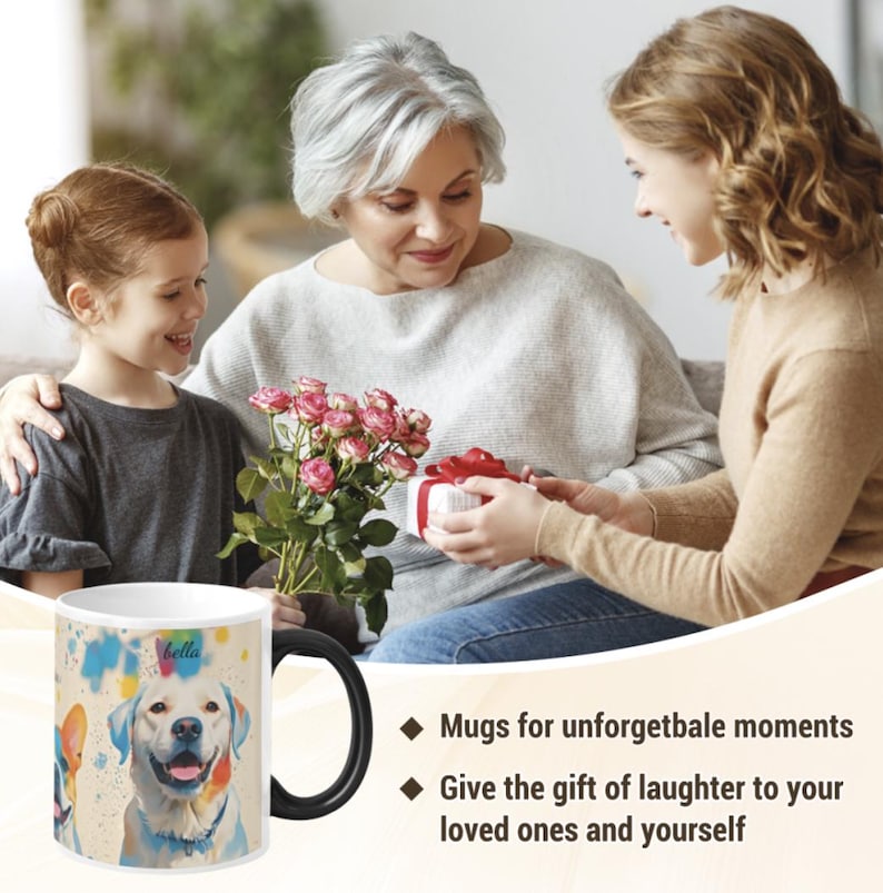May include: A white ceramic mug with a black handle features a colourful watercolour design of a dog with the name "bella" written on the mug. The mug is sitting on a table with a bouquet of pink roses and a gift box in the background.