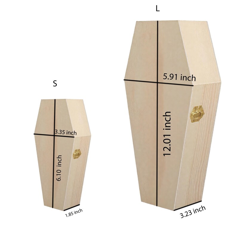 May include: Two wooden coffin-shaped boxes, one small and one large, are displayed. The small coffin measures 6.10 inches tall, 3.35 inches wide, and 1.85 inches deep. The large coffin is 12.01 inches tall, 5.91 inches wide, and 3.23 inches deep.