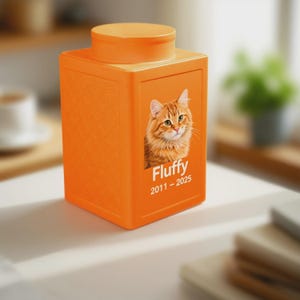 Peut inclure: Urne fun&eacute;raire orange vif pour animaux de compagnie, avec une surface textur&eacute;e et un couvercle amovible. Elle pr&eacute;sente un portrait de chat roux, le nom "Fluffy" et les ann&eacute;es "2011-2025".
