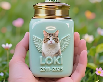 Urne commémorative de chat personnalisée, portrait d'animal de compagnie en 3D avec ailes d'ange, souvenir en céramique