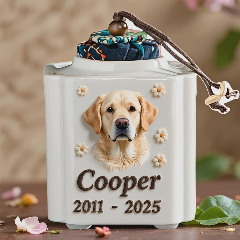 May include: A white ceramic pet urn with a 3D image of a golden retriever, surrounded by small daisy accents. The name "Cooper" and the years "2011 - 2025" are displayed below the dog's image. The lid is topped with a patterned fabric and a wooden bead.