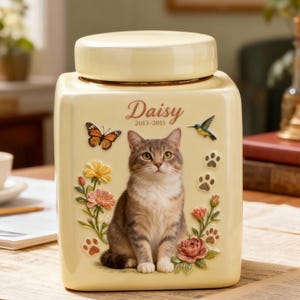 May include: A cream-coloured pet urn with a lid, featuring a seated tabby cat illustration. The urn is decorated with a butterfly, flowers, a hummingbird, paw prints, and the name "Daisy" with dates.