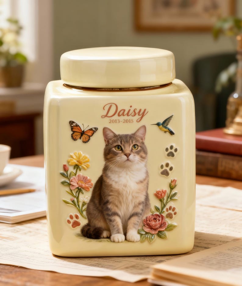 May include: A cream-coloured pet urn with a lid, featuring a seated tabby cat illustration. The urn is decorated with a butterfly, flowers, a hummingbird, paw prints, and the name "Daisy" with dates.