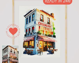 Our First Date Venue Portrait, Custom Watercolor Couple Drawing, Hand-Drawn Venue Illustration, Anniversary Keepsake, Valentines Dating Gift