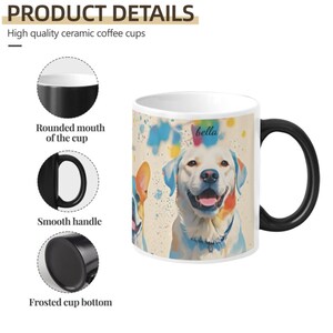 May include: White ceramic coffee mug with a black handle. The mug features a colourful watercolour painting of a dog with the name "bella" written on the mug.