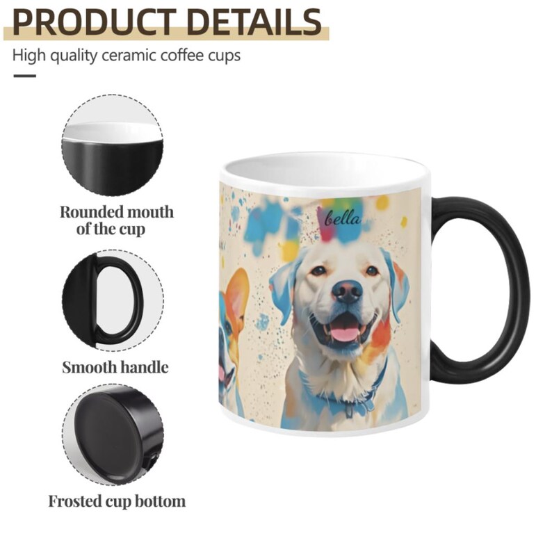 May include: White ceramic coffee mug with a black handle. The mug features a colourful watercolour painting of a dog with the name "bella" written on the mug.