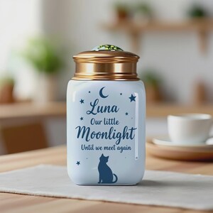 May include: A light blue ceramic urn with a gold-colored lid. The urn features the text "Luna Our little Moonlight Until we meet again" with a crescent moon, stars, and a cat silhouette.