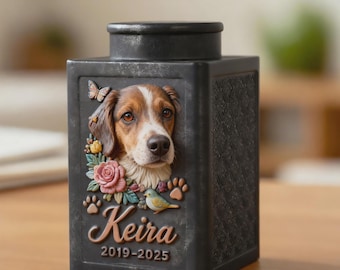Personalized FloralMetal Dog Urn, Custom 3D Pet Portrait, Remembrance Keepsake