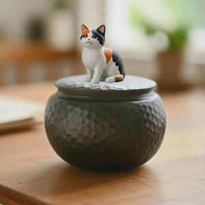 以下が含まれることがあります： テクスチャ加工された表面を持つ、濃い緑色のセラミックジャー。その上に、小さな三毛猫の置物が置かれています。猫は白、オレンジ、黒の模様があります。ジャーは木製の表面に置かれています。
