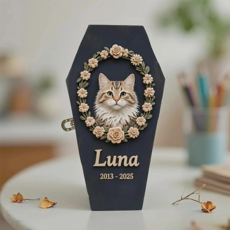 May include: A dark blue, coffin-shaped pet memorial with a portrait of a cat surrounded by a floral wreath. The name "Luna" and the years "2013-2025" are displayed on the front. A small, gold-colored clasp is visible on the side.