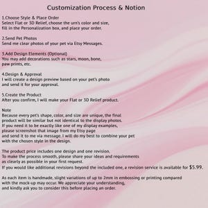 Peut inclure: Graphique rose et blanc pr&eacute;sentant le processus de personnalisation pour une urne pour animaux de compagnie. Le texte d&eacute;crit les &eacute;tapes : choix du style, envoi de photos, ajout d'&eacute;l&eacute;ments de design, approbation du design et cr&eacute;ation du produit.