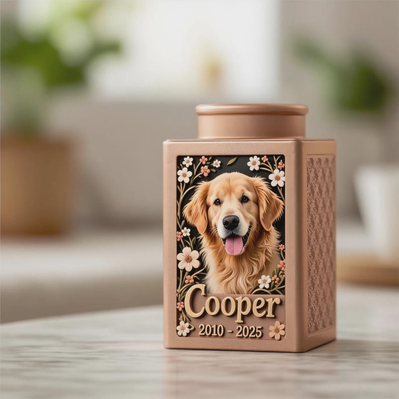 Peut inclure: Urne fun&eacute;raire beige avec un portrait de Golden Retriever entour&eacute; de fleurs blanches. Le nom "Cooper" et les ann&eacute;es "2010-2025" sont inscrits. Les c&ocirc;t&eacute;s de l'urne pr&eacute;sentent un motif textur&eacute;.