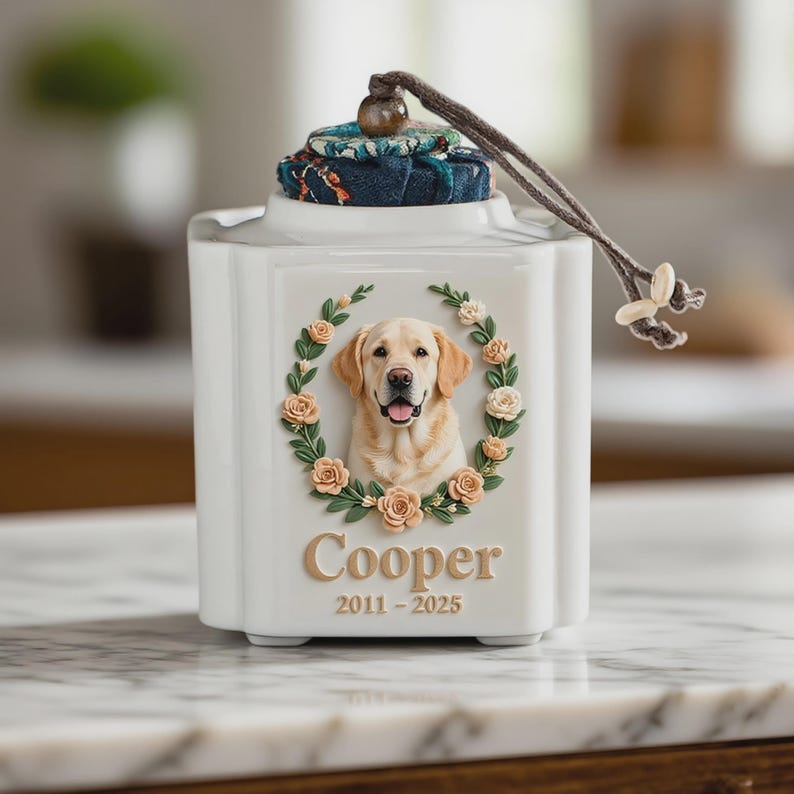 May include: A white ceramic pet urn with a Labrador Retriever portrait surrounded by a floral wreath. The urn is personalized with the name "Cooper" and the years "2011-2025". It has a decorative lid with a patterned fabric and a brown cord.