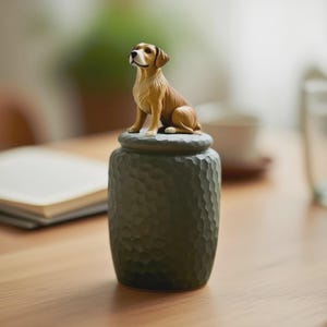 以下が含まれることがあります： 茶色の犬の置物が、暗い緑色のテクスチャード加工された瓶の上に置かれています。犬は座った姿勢で、上を見上げています。瓶は円筒形で、テクスチャ加工された表面を持っています。瓶の高さは約15cmです。