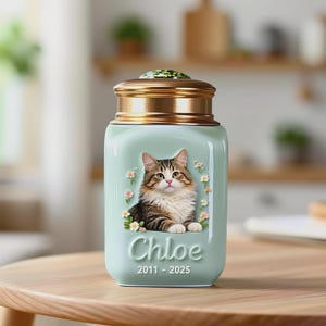 Puede incluir: Urna para mascotas de color verde claro con tapa dorada. La urna presenta un retrato de un gato rodeado de flores. El nombre del gato, Chloe, y los años 2011-2025 están impresos debajo. La urna está sobre una mesa de madera.
