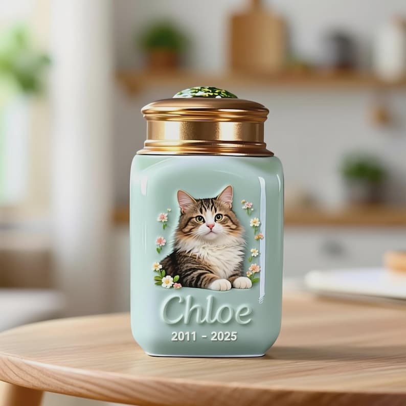 May include: A light green pet urn with a gold-colored lid. The urn features a portrait of a cat surrounded by flowers. The cat's name, Chloe, and the years 2011-2025 are printed below the image. The urn is sitting on a wooden table.