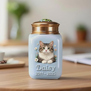 May include: A light blue pet urn with a gold-colored lid. The urn features a detailed illustration of a tabby cat, surrounded by flowers, with the name "Daisy" and the years "2011-2025" printed below the cat image.