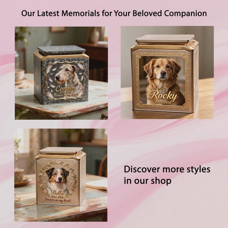 May include: Three square metal pet memorial urns with lids. Each features a custom dog portrait, name, and dates. The text reads: Our Latest Memorials for Your Beloved Companion, Corbin, Rocky, Bella, and Discover more styles in our shop.