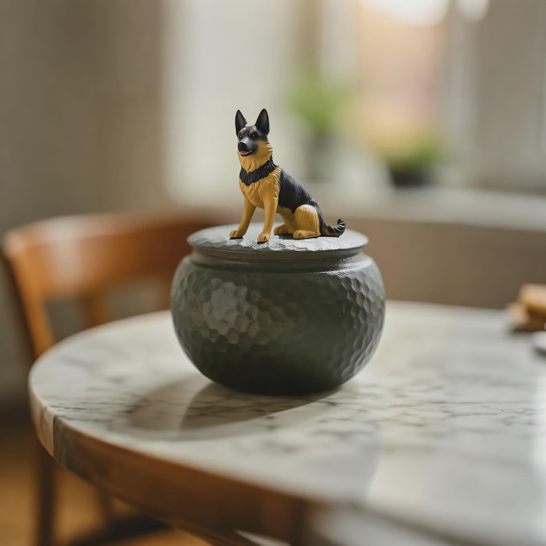以下が含まれることがあります： ジャーマンシェパード犬の置物が乗った、蓋付きの装飾的な濃い緑色のテクスチャード加工の瓶。瓶は、丸い大理石のテーブルの上に置かれています。犬の置物は黒、茶色、黄色です。瓶の直径は約15cmです。