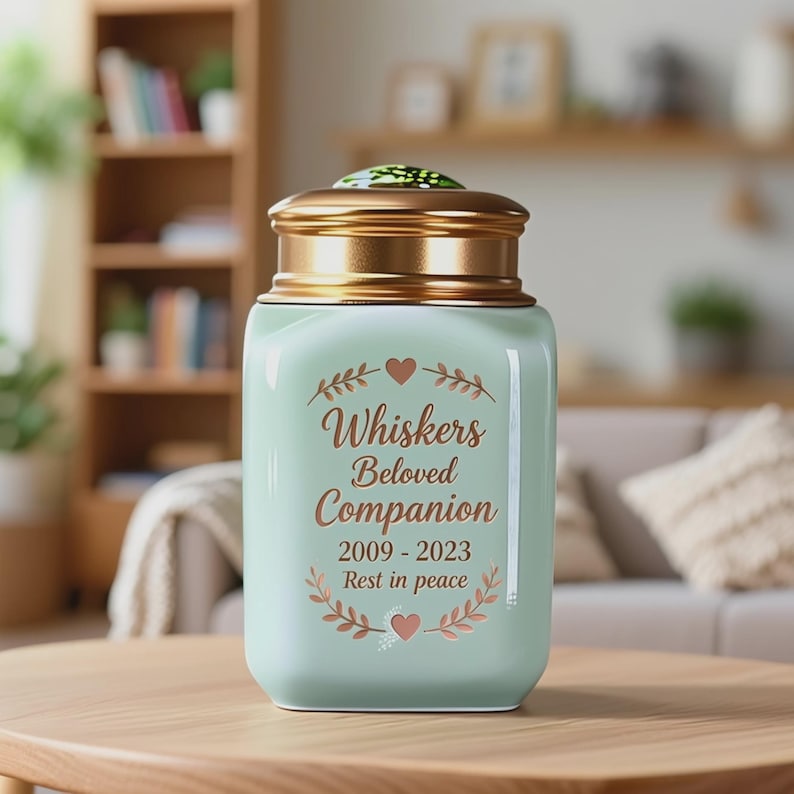 May include: A light green ceramic pet urn with a gold-colored lid. The urn has the words "Whiskers Beloved Companion" and the years "2009-2023" printed on it, along with decorative floral elements. The urn is sitting on a wooden table.