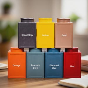 Peut inclure: Une pile de sept bo&icirc;tes &agrave; th&eacute; carr&eacute;es en m&eacute;tal de diff&eacute;rentes couleurs : gris nuage, jaune, or, orange, bleu paon, bleu diamant et rouge. Chaque bo&icirc;te a un couvercle assorti et une &eacute;tiquette avec le nom de la couleur.