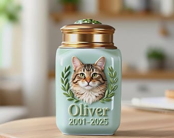 Urne à cendres de chat personnalisée avec motif rameau d'olivier, urne personnalisée pour portrait d'animal de compagnie 3D, monument commémoratif de chat en céramique, cadeau en cas de perte d'un animal de compagnie, souvenir commémoratif