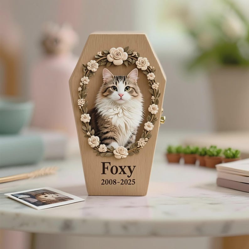 May include: A wooden pet urn in a coffin shape, featuring a portrait of a cat named Foxy, framed by a floral wreath. The urn has the cat's name and lifespan, 2008-2025, engraved on it. A small photo of the cat is on the table.